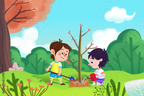 Illustration For Children: The Girl and Boy is Planting Tree in Arbor Day.  Realistic Fantastic Cartoon Style Artwork / Story / Scene / Wallpaper /  Background / Card Design Stock Illustration | Adobe Stock
