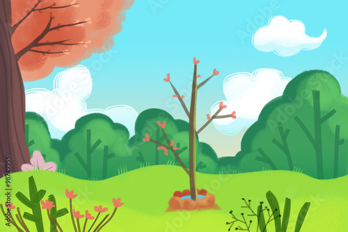 Illustration: A Little New Tree Planted in Arbor Day. Realistic Fantastic Cartoon Style Artwork / Story / Scene / Wallpaper / Background / Card Design