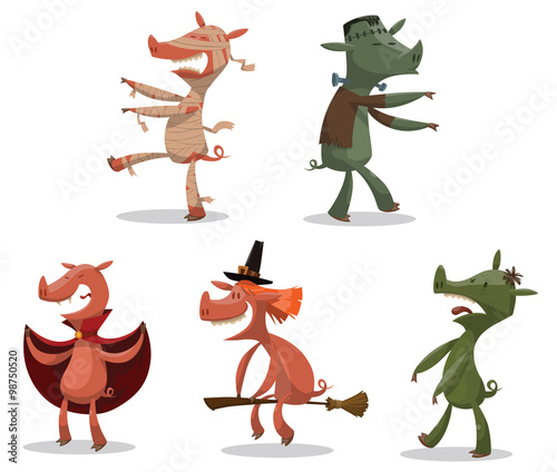 Vector Set of Halloween Pigs. Cartoon image of five funny pigs in Halloween Costumes: mummy, Frankenstein's monster, Dracula, a witch and a zombie on a light background.