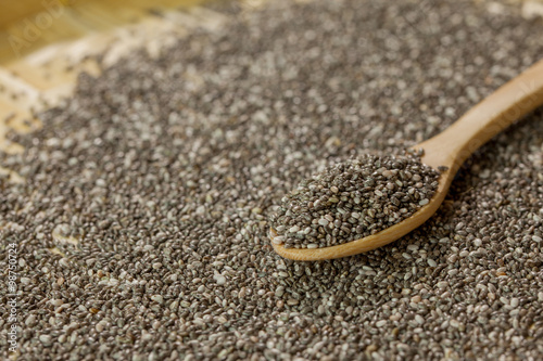 Handful of chia seeds on wood spoon and background