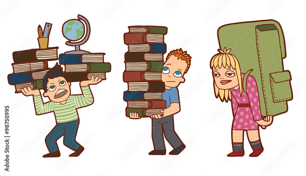 Vector Set of school pupils. Cartoon image of school pupils exhausted study:  boys with mountains of books and a girl with a huge backpack on a light  background. Stock Vector | Adobe