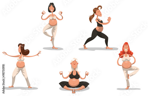 Vector Set of pregnant ladies doing yoga. Cartoon image of a pregnant ladies in a sports bra and pants doing yoga on a light background.