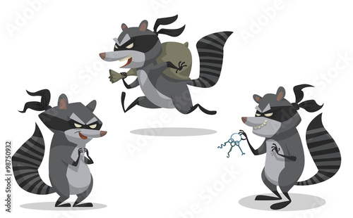 Vector Set of raccoons bandits. Cartoon image of three funny gray striped raccoons bandits in black masks with picklocks and a bag of stolen items on a light background.