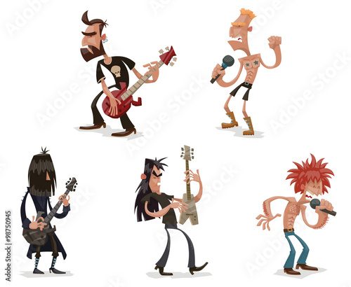 Vector Set of rock musicians. Cartoon image of five funny rock musicians with different appearance in various poses with guitars and microphones on a light background.