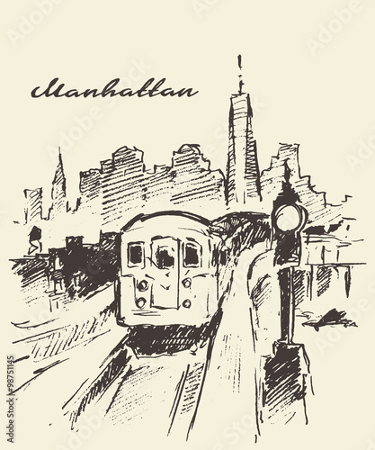 Tram Manhattan New York vector drawn sketch