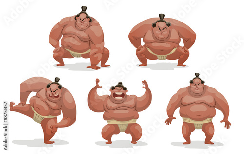 Vector Set of Sumo wrestlers. Cartoon image of five huge Sumo wrestlers in white mawashi in various poses on a light background.