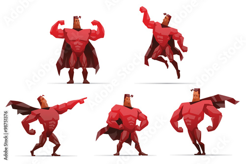 Vector Set of Superheroes in red. Cartoon image of five superheroes in red clothes and coats in various poses on a light background.