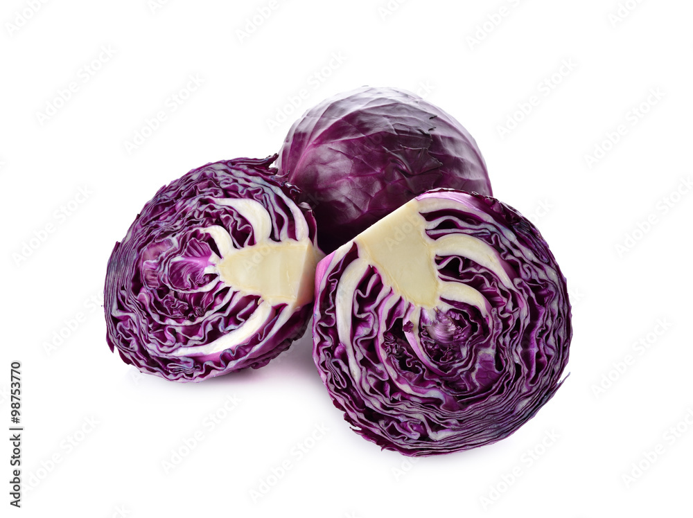 whole and half cut fresh red cabbage on white background whole and half cut fresh red cabbage on white background