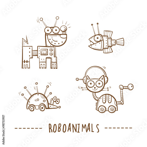 Cartoon robots animals  set. Vector image. Doodle stile.