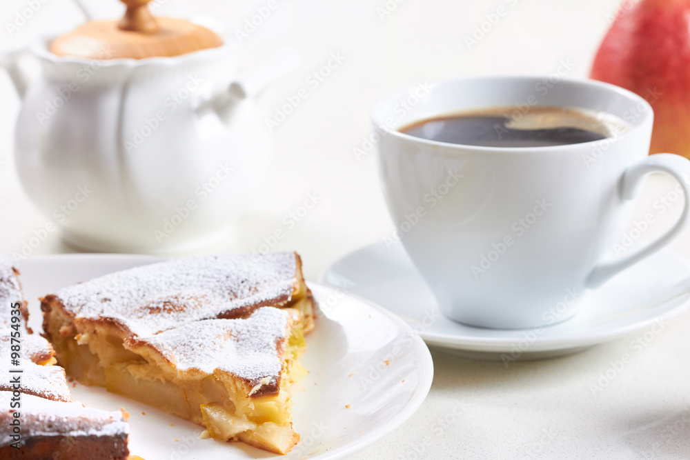 delicious pear tart with coffee on the table delicious pear tart with coffee on the table