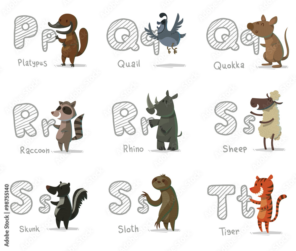 Vector Alphabet Animals, letters P-T. Cartoon image of letters of the  alphabet P to T with animals: platypus, quail, quokka, raccoon, rhino,  sheep, skunk, sloth and tiger on a light background. Stock