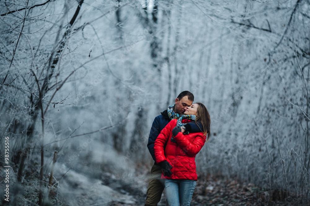 couple walking on a winter park couple walking on a winter park