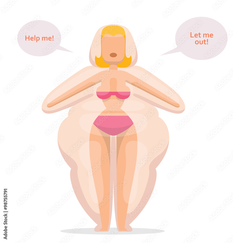 Vector Slender woman locked in her fat like a prison. Cartoon image of a  slender woman