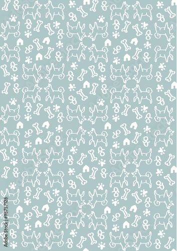 Dogs, house and bone pattern with blue background