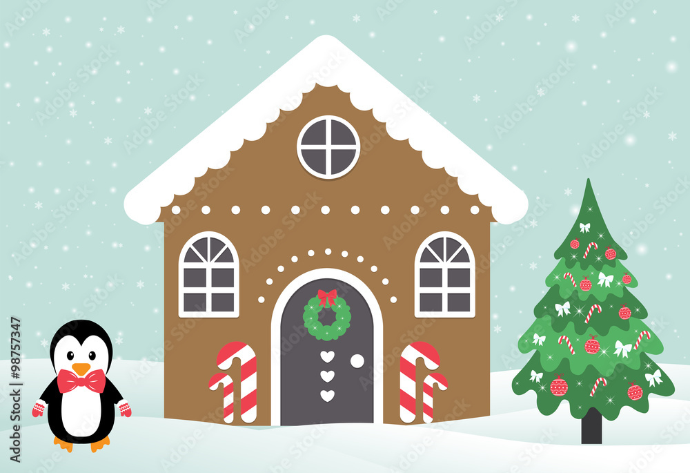 christmas house building with penguin and fir-tree