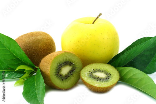 kiwi fruit and yellow apple isolated on white background