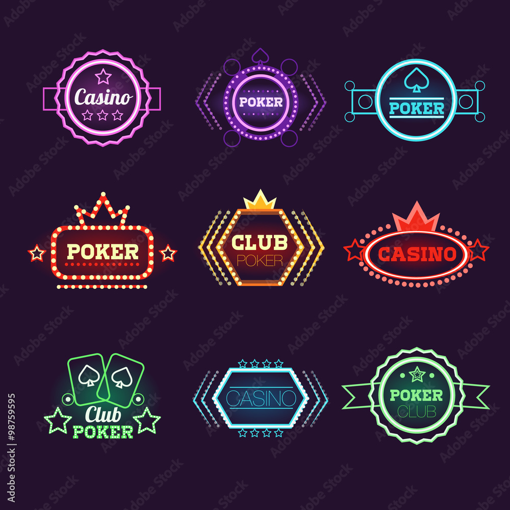 Neon Light Poker Club and Casino Emblems Set
