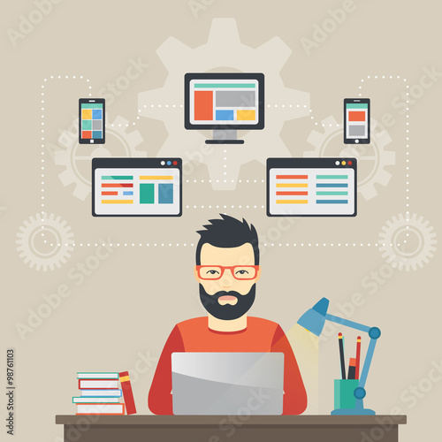 Man software engineer concept with design, optimization, responsive and developer solutions