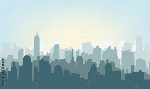 Morning city silhouette. Silhouette of the city at sunrise 