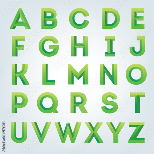 Creative green 3D alphabet set. Beautiful bold font. 