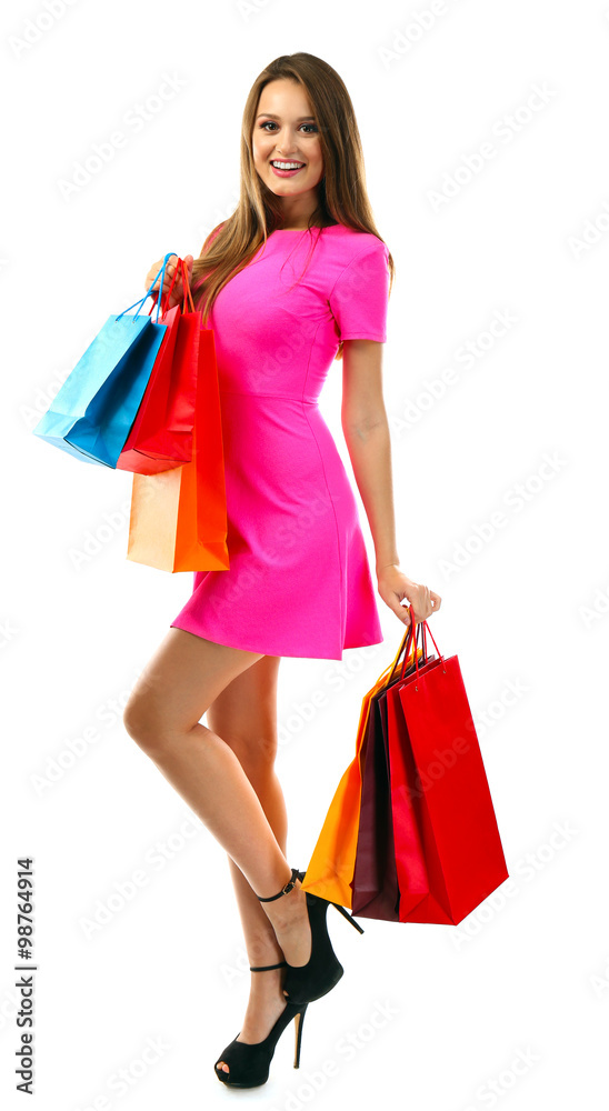 Young pretty woman with shopping packages isolated on white Young pretty woman with shopping packages isolated on white