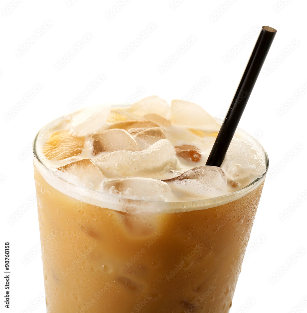 Cup of ice coffee with straw, isolated on white