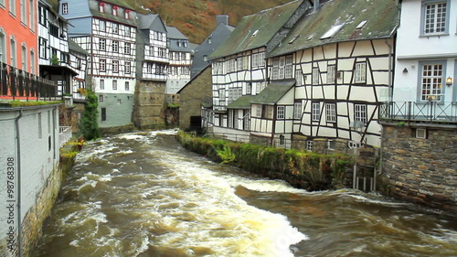 View of the small German town Monschau. The river Rur.
