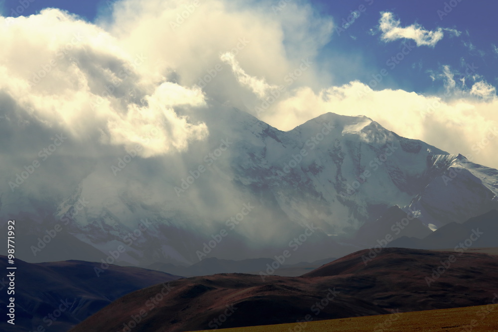 Shisha Pangma peak behind clouds. Himalayas-Tibet. 1990