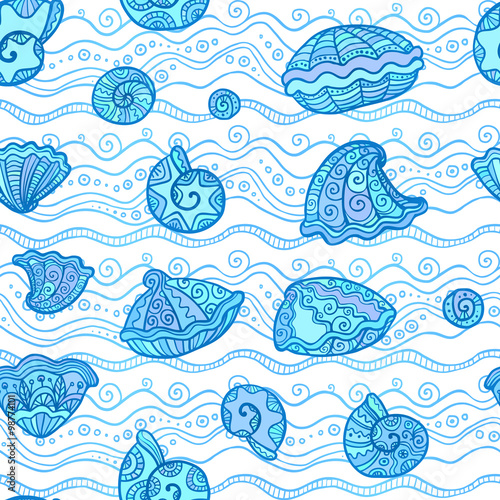 Vector blue seashells and waves seamless pattern © art_of_sun