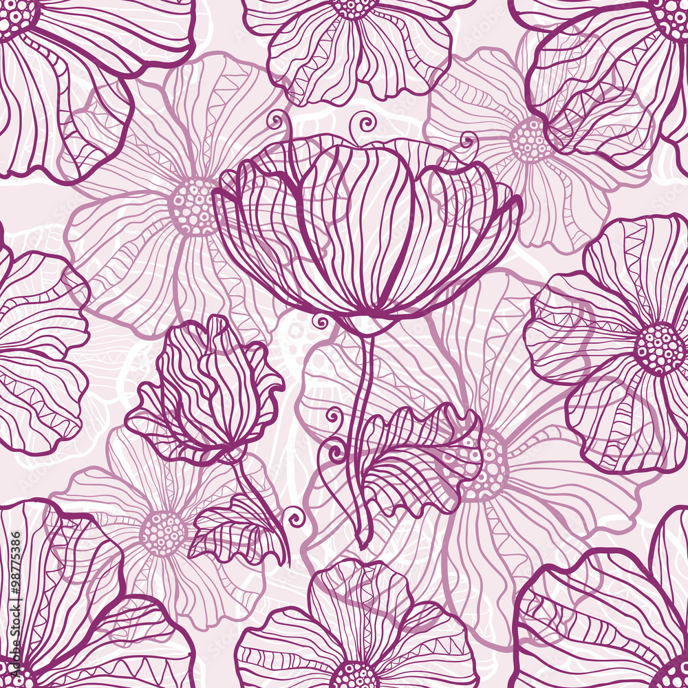 Ornate poppy flowers vector seamless pattern
