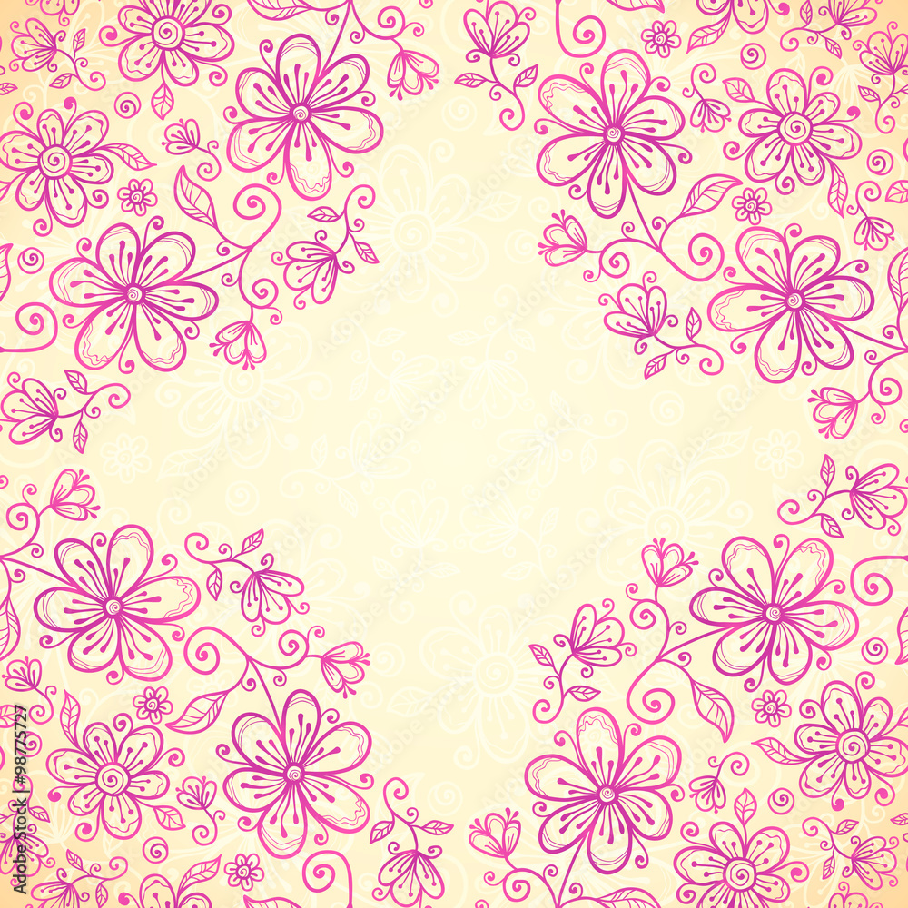 Pink doodle vintage flowers vector background