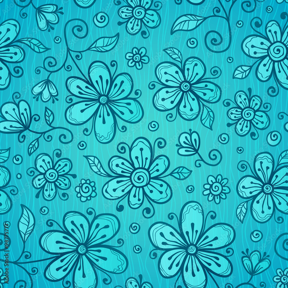 Blue line drawn flowers seamless pattern