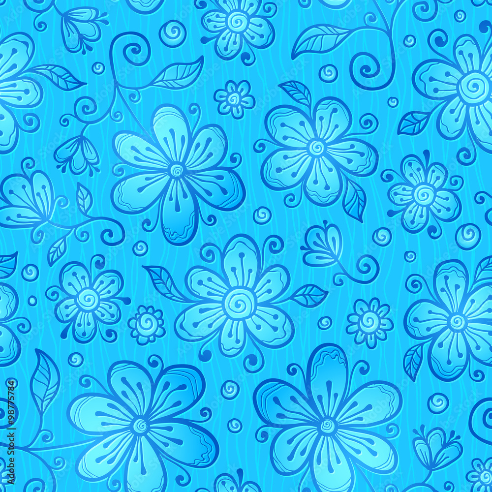 Fototapeta premium Blue line drawn flowers seamless pattern