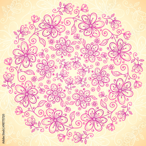 Pink doodle vintage flowers circle background