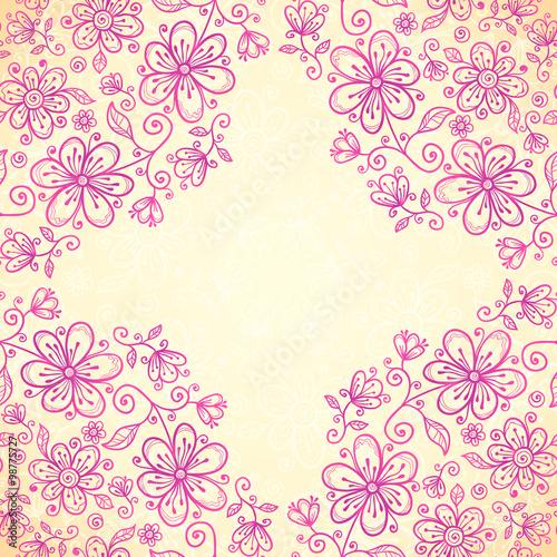 Pink doodle vintage flowers vector background