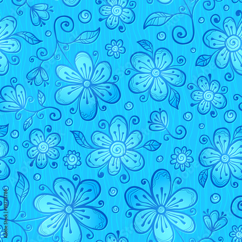 Blue line drawn flowers seamless pattern