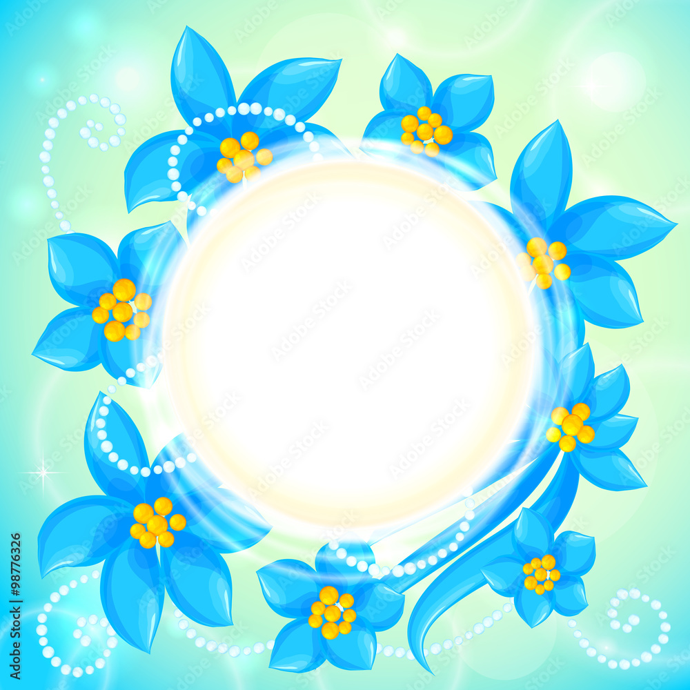 Vector circle of blue flowers greeting card