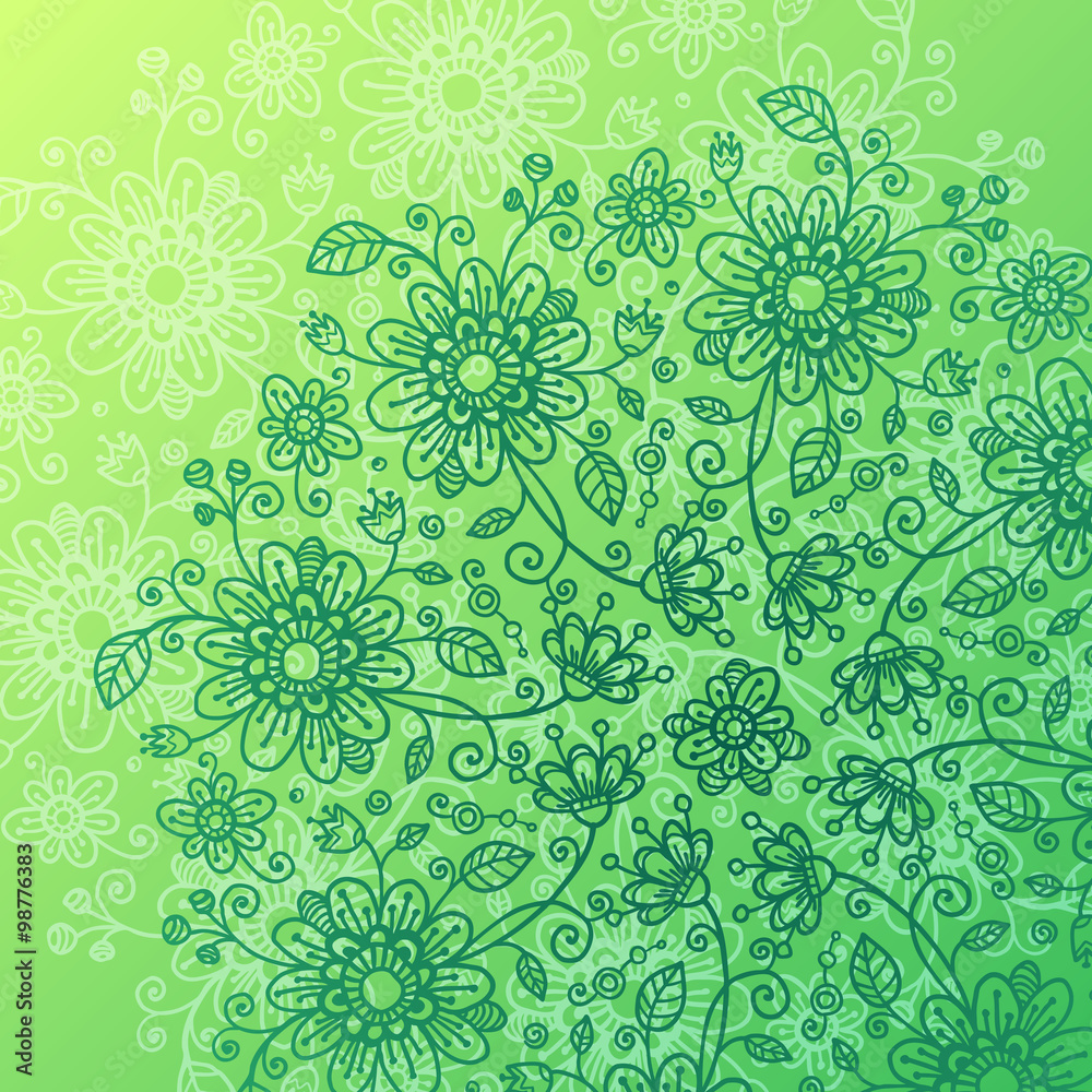 Green doodle flowers vector background Green doodle flowers vector background