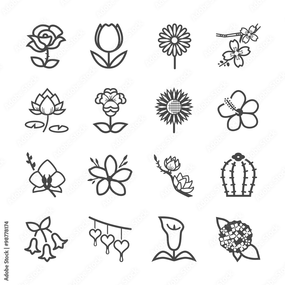 Fototapeta premium Famous Flower line icons Set 1