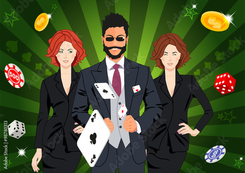 Confident lucky man surrounded by beautiful women throws aces. Design concept for gambling luck ans successful play. Use for print products, page and web decor or other design.