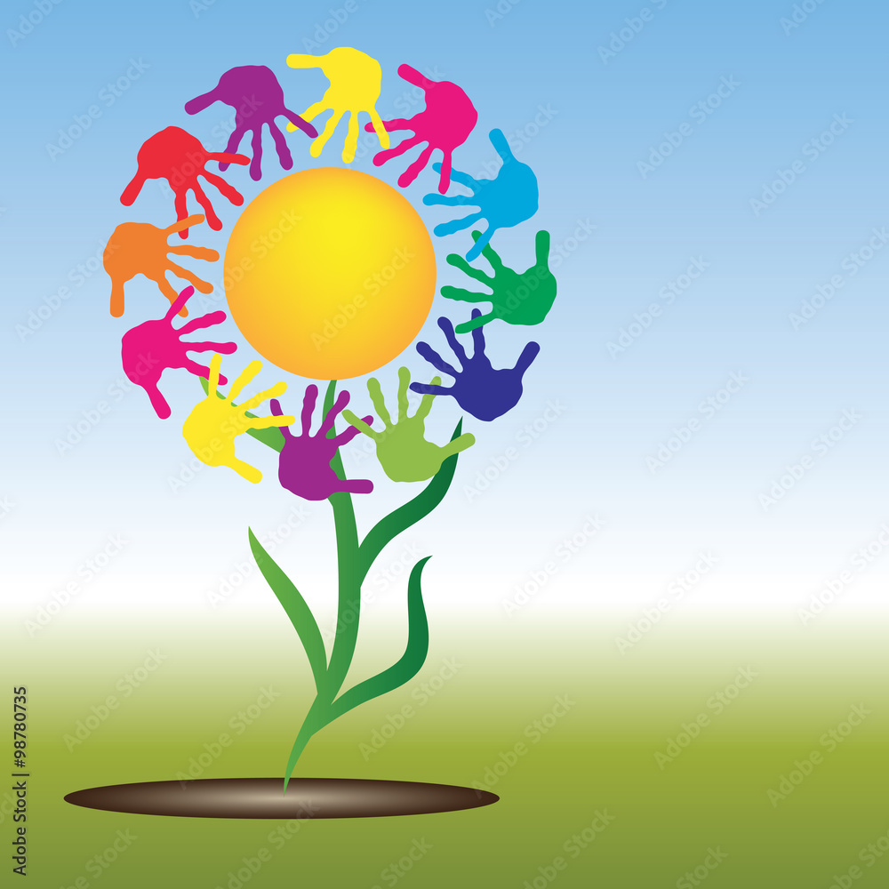 Conceptual sun with children hand print circle flower