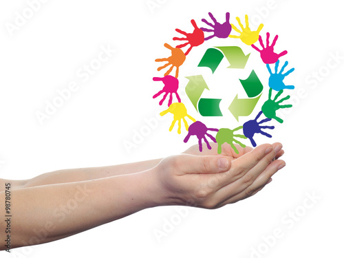 Concept circle of hands, green recycle symbol