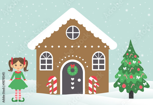 christmas house building with girl elf and fir-tree