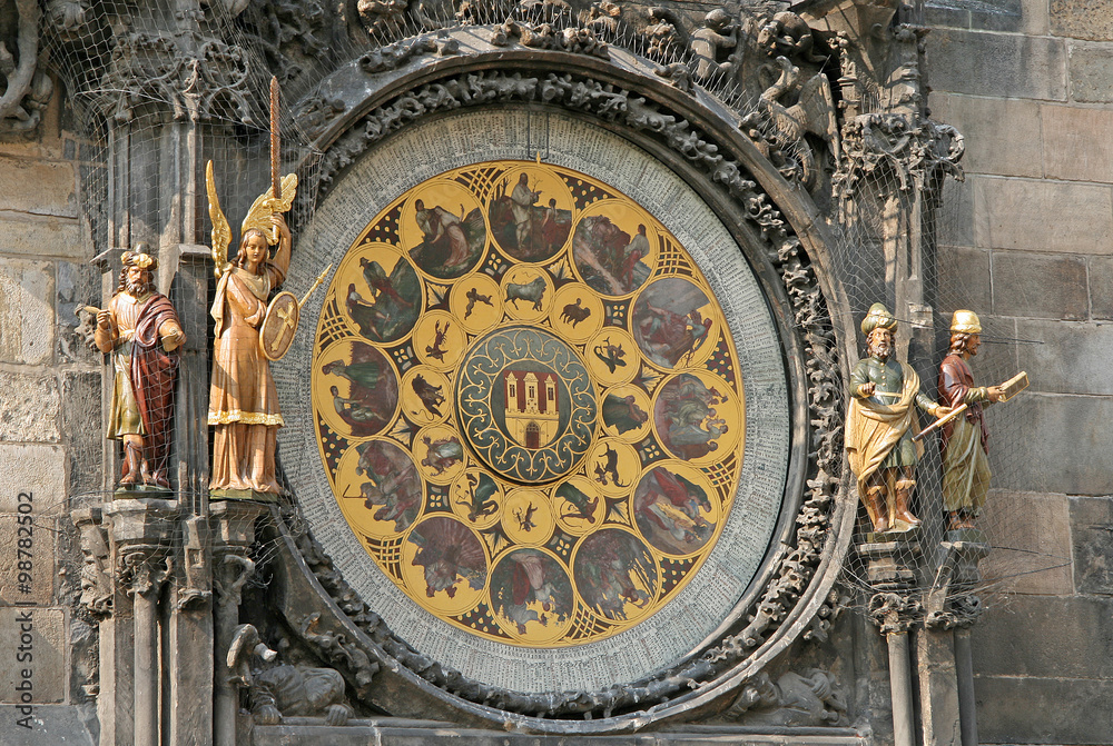 PRAGUE, CZECH REPUBLIC - APRIL 16, 2010: Prague Astronomical Clock (Prague Orloj) on the wall of Old Town City Hall, Prague, Czech Republic