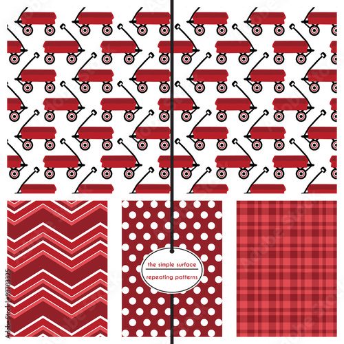 Little red wagon seamless pattern set. Repeating patterns for fabric, apparel, gift wrap, backgrounds, scrapbooking and more. Cute, simple.