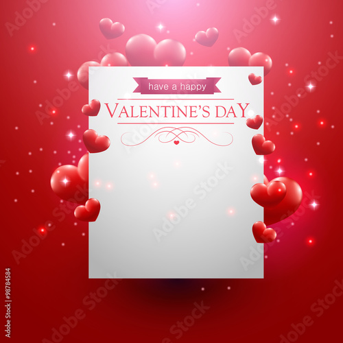 Paper Valentines day card on a red background hearts an sparkles.