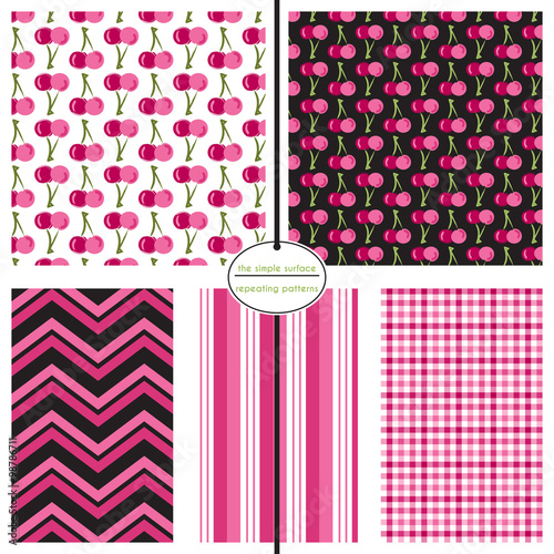 Cherry seamless pattern set. Repeating patterns for fabric, apparel, baby shower paper, gift wrap, backgrounds and more. Cherry, chevron, stripe and gingham plaid print. Pink and black.