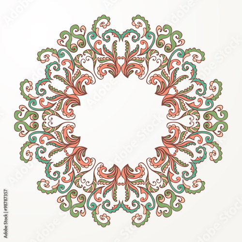Ornamental abstract round floral pattern. Circular colorful ornamental frame. Vector illustration