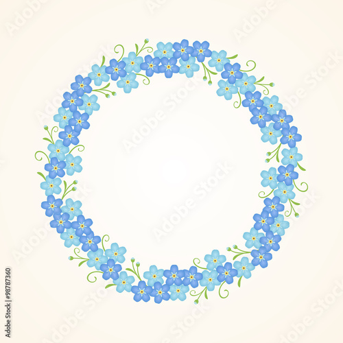Floral round vintage frame with forget-me-not flowers. Vector illustration