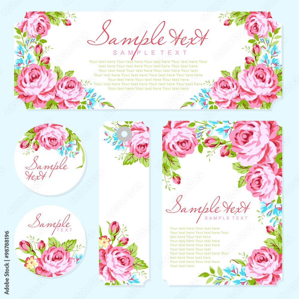 Card template with garden pink roses